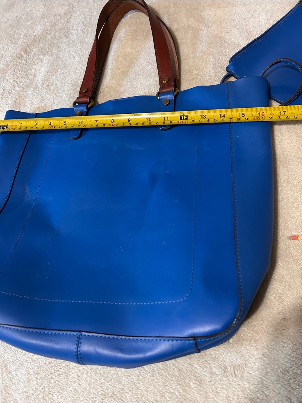 Boden Blue Leather Tote Brown Handles Snap Closure Unlined Pouch & Pocket - Picture 4 of 8